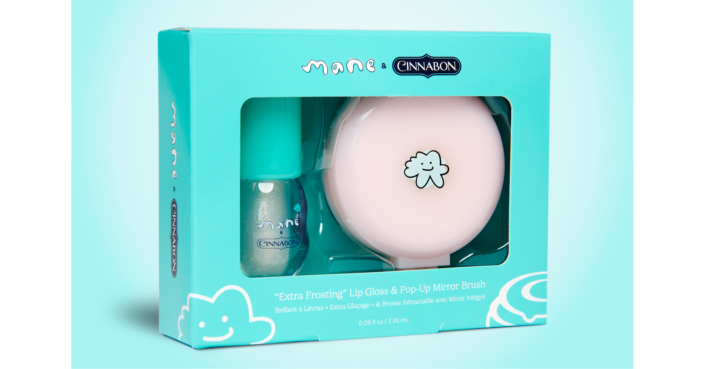 Mane × Cinnabon 联名唇彩套组外盒,内含唇彩和镜梳